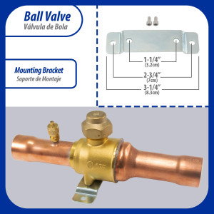 Appli Parts APBV-118 Valvula de Cierre 1-1/8 in tipo Bola de conexion soldable con puerto de servicio SAE de 1/4 in, presion maxima de trabajo 610 psi temperaturas de -30C a 120C longitud total 215mm
