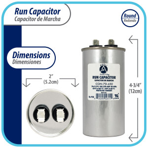 Appli Parts Run Capacitor for ac 70 Mfd uF (microfarads) 370 VAC or 450 VAC CBB65 Round Universal fit for hvac and other applications 4-3/4 in High 2 in Wide CON-70-450