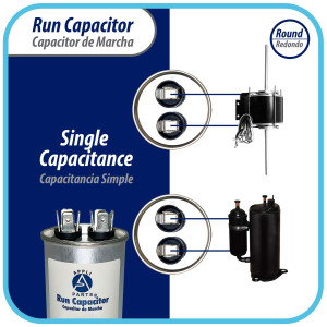 Appli Parts Run Capacitor for ac 55 Mfd uF (microfarads) 370 VAC or 450 VAC CBB65 Round Universal fit for hvac and other applications 5-1/4 in High 1-7/8 in Wide CON-55-450