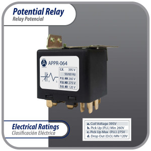 Appli Parts APPR-064 Potential Relay 064, Coil Voltage 395 V, Min Pick up 260 V, Max Pick up 275 V, Max Drop Out 120 V, 50/60 Hz Universal replacement for HVAC and Refrigeration units