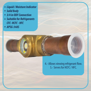 Appli Parts APSG-34AS 3/4 in Sight Glass and liquid moisture indicator Solder connections with Solid Body for HVAC/R installations suitable for CFC HCFC HFC refrigerants