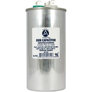 Appli Parts Dual Run Capacitor for ac 70+5 Mfd uF (microfarads) 370VAC or 450VAC CBB65 Round Universal fit for hvac and other applications 5-1/8 in High 2-1/4 in Wide CON-70/5-450