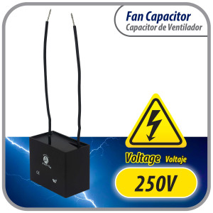 Appli Parts Fan Capacitor 5 mfd (microfarads) uf 250 VAC with 2 Wire Terminal Connections compatible with any brand with same capacitance 1-7/8in Width 3/4in Depth 1-1/8in Height CAP-5-250-2C