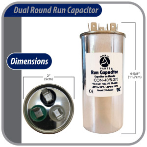 Appli Parts Dual Run Capacitor for ac 40+5 Mfd uF (microfarads) 370VAC CBB65 Round Universal fit for hvac and other applications 2 in Wide 4-5/8 in Height CON-40/5-370-R
 Appli Parts Dual Run Capacitor for ac 40+5 Mfd uF (microfarads) 370VAC CBB65 Round Universal fit for hvac and other applications 2 in Wide 4-5/8 in Height CON-40/5-370-R