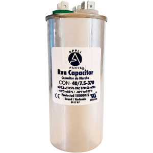 Appli Parts Dual Run Capacitor for ac 40+7.5 Mfd uF (microfarads) 370VAC CBB65 Round Universal fit for hvac and other applications 2 in Wide 4-3/4 in Height CON-40/7.5-370-R 