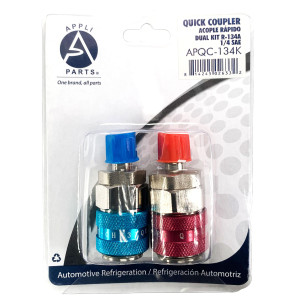 Appli Parts APQC-134K kit R134a de adaptador de acoplamiento rapido para carga de aire acondicionado automotriz incluye conexiones de presion de grado profesional recto alto y bajo de 1/4 pulg