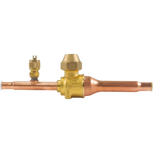 Appli Parts APBV-014 Valvula de Cierre 1/4 in tipo Bola de conexion soldable con puerto de servicio SAE de 1/4 in, presion maxima de trabajo 610 psi temperaturas de -30 C a 120 C longitud total 165mm