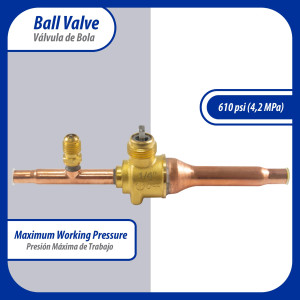 Appli Parts APBV-014 Valvula de Cierre 1/4 in tipo Bola de conexion soldable con puerto de servicio SAE de 1/4 in, presion maxima de trabajo 610 psi temperaturas de -30 C a 120 C longitud total 165mm