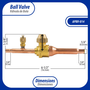 Appli Parts APBV-014 1/4 in Shut Off Ball Valve ODF Universal Replacement 610 psi (4.2 Mpa) max pressure -22 F to 248 F work temperature with 1/4 in SAE service port, with 6-1/2 in overall length