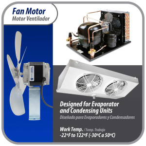 Appli Parts APFM-252E 25W refrigeration condenser and evaporator motor 220V 60Hz 1.0A 1300rpm includes base and 12in aluminum Fan Blade CCW shaft end Universal fit