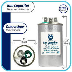 Appli Parts Dual Run Capacitor for ac 20+5 Mfd uF (microfarads) 370VAC or 450VAC CBB65 Round Universal fit for hvac and other applications 3-7/8 in High 2 in Wide CON-20/5-450 