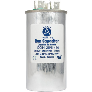 Appli Parts Dual Run Capacitor for ac 25+5 Mfd uF (microfarads) 370VAC or 450VAC CBB65 Round Universal fit for hvac and other applications 4-1/4 in High 2 in Wide CON-25/5-450   