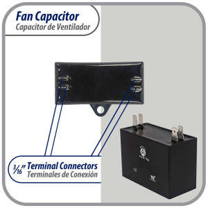Appli Parts Fan Capacitor 6 mfd (microfarads) uf 450 VAC 4 Terminal Connections compatible with any brand within the same range of capacitance 1-7/8in Width 7/8in Depth 1-3/4in Height CAP-6-450
