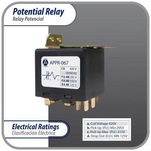 Appli Parts APPR-067 Relay Potencial 067, Voltaje de Bobina 420 V, Recogida Minima 295 V, Recogida Maxima 315 V, Caida Maxima 125 V, 50/60Hz Remplazo universal para refrigeracion y aire acondicionado