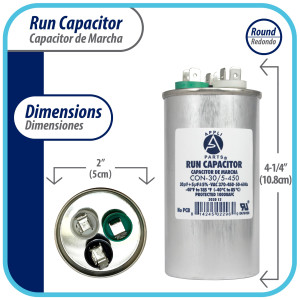 Appli Parts Dual Run Capacitor for ac 30+5 Mfd uF (microfarads) 370VAC or 450VAC CBB65 Round Universal fit for hvac and other applications 4-1/4 in High 2 in Wide CON-30/5-450  