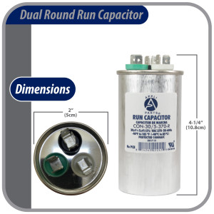 Appli Parts Dual Run Capacitor for ac 30+5 Mfd uF (microfarads) 370VAC CBB65 Round Universal fit for hvac and other applications UL E476928 2in Wide 4-1/4in Height CON-30/5-370-R
 Appli Parts Dual Run Capacitor for ac 30+5 Mfd uF (microfarads) 370VAC CBB65 Round Universal fit for hvac and other applications UL E476928 2in Wide 4-1/4in Height CON-30/5-370-R