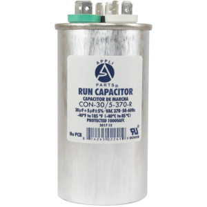 Appli Parts Dual Run Capacitor for ac 30+5 Mfd uF (microfarads) 370VAC CBB65 Round Universal fit for hvac and other applications UL E476928 2in Wide 4-1/4in Height CON-30/5-370-R
 Appli Parts Dual Run Capacitor for ac 30+5 Mfd uF (microfarads) 370VAC CBB65 Round Universal fit for hvac and other applications UL E476928 2in Wide 4-1/4in Height CON-30/5-370-R