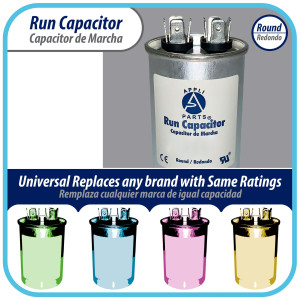 Appli Parts Condensador Capacitor de Marcha 4 Mfd uF (microfaradios) 370VAC o 450VAC CBB65 Universal Aire acondicionado y otras aplicaciones Redondo UL E476928 6.4cm Alto 3.7cm Ancho CON-4-450
