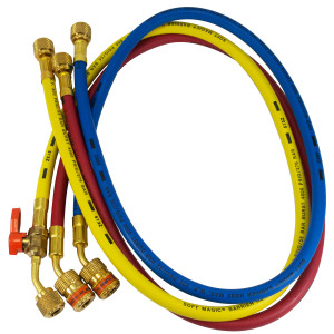 Uniweld EZ5HS Juego Mangueras Manometro 3 Mangueras 5pies de largo Azul y Rojo con EZ-Turn, Amarilla con Valvula de bola CFC/HCFC/HFC R410 Anti-Blowback Soft Magic