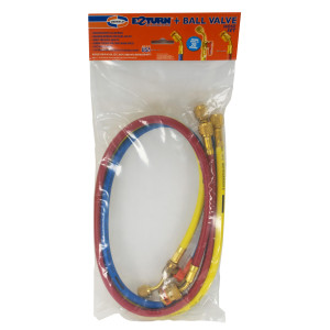 Uniweld EZ5HS Juego Mangueras Manometro 3 Mangueras 5pies de largo Azul y Rojo con EZ-Turn, Amarilla con Valvula de bola CFC/HCFC/HFC R410 Anti-Blowback Soft Magic