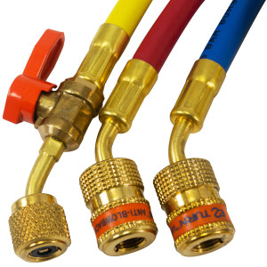 Uniweld EZ5HS Manifold Hoses 60 in Red and Blue with EZ Turn, Yellow with Ball Valve, CFC/HCFC/HFC R410 Anti-Blowback fitting with Soft Magic Barrier hose set Uniweld EZ5HS Manifold Hoses 60 in Red and Blue with EZ Turn, Yellow with Ball Valve, CFC/HCFC/HFC R410 Anti-Blowback fitting with Soft Magic Barrier hose set