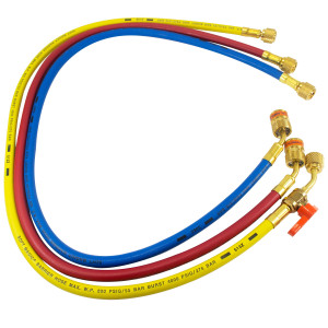 Uniweld EZ5HS Juego Mangueras Manometro 3 Mangueras 5pies de largo Azul y Rojo con EZ-Turn, Amarilla con Valvula de bola CFC/HCFC/HFC R410 Anti-Blowback Soft Magic