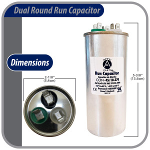 Appli Parts Condensador Capacitor de Marcha 45+10 Mfd uF (microfaradios) 370VAC CBB65 Universal Aire acondicionado y otras aplicaciones Redondo UL E476928 5.4cm Ancho 13.6cm Alto CON-45/10-370-R