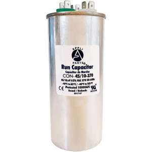 Appli Parts Dual Run Capacitor for ac 45+10 Mfd uF (microfarads) 370VAC CBB65 Round Universal fit for hvac and other applications 2-1/8 in Wide 5-3/8 in Height CON-45/10-370-R
