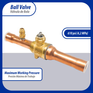 Appli Parts APBV-058 Valvula de Cierre 5/8 in tipo Bola de conexion soldable con puerto de servicio SAE de 1/4 in, presion maxima de trabajo 610 psi temperaturas de -30 C a 120 C longitud total 165mm