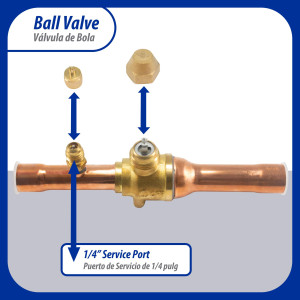 Appli Parts APBV-058 5/8 in Shut Off Ball Valve ODF Universal Replacement 610 psi (4.2 Mpa) max pressure -22 F to 248 F work temperature with 1/4 in SAE service port, with 6-1/2 in overall length