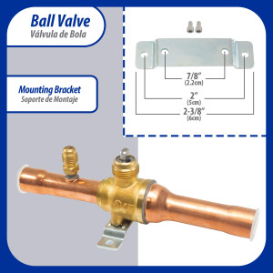 Appli Parts APBV-058 Valvula de Cierre 5/8 in tipo Bola de conexion soldable con puerto de servicio SAE de 1/4 in, presion maxima de trabajo 610 psi temperaturas de -30 C a 120 C longitud total 165mm