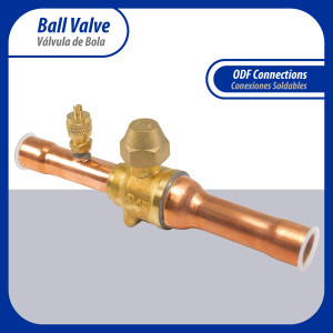 Appli Parts APBV-058 Valvula de Cierre 5/8 in tipo Bola de conexion soldable con puerto de servicio SAE de 1/4 in, presion maxima de trabajo 610 psi temperaturas de -30 C a 120 C longitud total 165mm