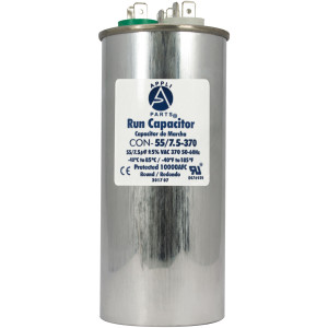 Appli Parts Dual Run Capacitor for ac 55+7.5 Mfd uF (microfarads) 370VAC or 450VAC CBB65 Round Universal fit for hvac and other applications 5-1/4 in High 2 in Wide CON-55/7.5-450