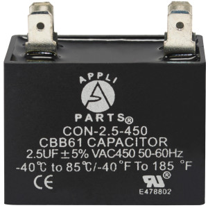 Appli Parts Fan Capacitor 2.5 mfd (microfarads) uf 450 VAC 4 Terminal Connections compatible with any brand within the same range of capacitance 1-1/2in Width 3/4in Depth 1-1/2in Height CAP-2.5-450