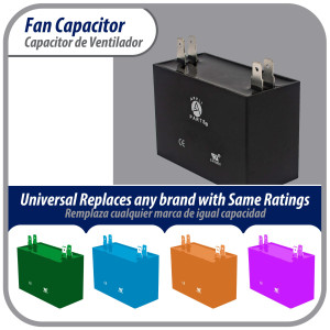 Appli Parts Fan Capacitor 2.5 mfd (microfarads) uf 450 VAC 4 Terminal Connections compatible with any brand within the same range of capacitance 1-1/2in Width 3/4in Depth 1-1/2in Height CAP-2.5-450