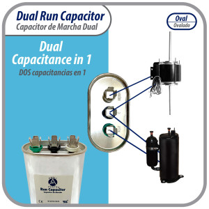 Appli Parts Dual Run Capacitor for ac 30+5 Mfd uF (microfarads) 370VAC CBB65 Oval Universal fit for hvac and other applications 1-3/4 in. Wide 2-3/4 in. Depth 3-1/2 in. Height CON-30/5-370