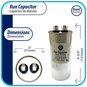Appli Parts Run Capacitor for ac 55 Mfd uF (microfarads) 370VAC CBB65 Round Universal fit for hvac and other applications 4-3/4in High 2in Wide CON-55-370-R
 Appli Parts Run Capacitor for ac 55 Mfd uF (microfarads) 370VAC CBB65 Round Universal fit for hvac and other applications 4-3/4in High 2in Wide CON-55-370-R