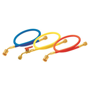 Uniweld EZ3HS Juego Mangueras Manometro 3 Mangueras 3pies de largo Azul y Rojo con EZ-Turn Amarilla con Valvula de bola CFC/HCFC/HFC R410 Anti-Blowback Soft Magic