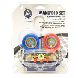 Appli Parts APMG-A3B36S R134,R22,R404,R410 Manifold Gauge Set, Brass Body with Sight-glass, Includes 36 in long 1/4 in SAE Hose Set, Pressure psi, Temperature Fahrenheit Scales