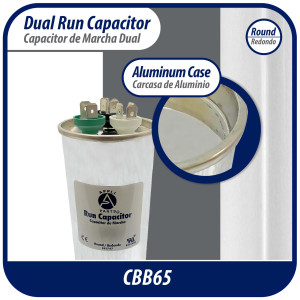 Appli Parts Dual Run Capacitor for ac 80+5 Mfd uF (microfarads) 370VAC or 450VAC CBB65 Round Universal fit for hvac and other applications 5-1/2 in High 2-1/4 in Wide CON-80/5-450