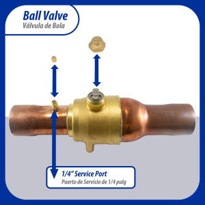 Appli Parts APBV-258 Valvula de Cierre 2-5/8 in tipo Bola de conexion soldable con puerto de servicio SAE de 1/4 in, presion maxima de trabajo 610 psi temperaturas de -30C a 120C longitud total 377mm