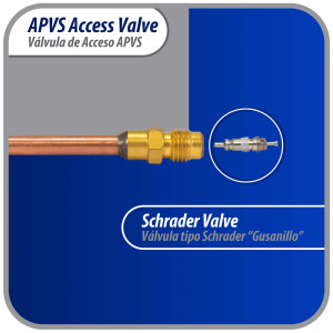 Appli Parts Valvula de acceso de 1/4 SAE x 3/16 pulg OD x con vastago de cobre de 5cm de largo con nucleo y tapa de laton con removedor de nucleo y empacadura APVS-143162