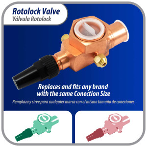 Appli Parts APRV-VA02 Valvula Rotolock V02 1-3/4 pulg x 1-1/8 pulg Soldable con puertos de acceso de 1/4 pulg Universal para sistemas de refrigeracion y aire acondicionado