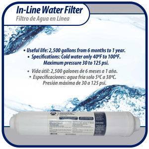 Appli Parts APWF-100 In Line Water Filter 1/4 in (Connectors Not Included) Service Life 2500 gallons or 1 year, Pressure Range 30 to 125 PSI maximum