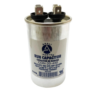 Appli Parts Run Capacitor for ac 20 Mfd uF (microfarads) 370 VAC or 450 VAC CBB65 Round Universal fit for hvac and other applications 3-3/8 in High 1-3/4 in Wide CON-20-450 