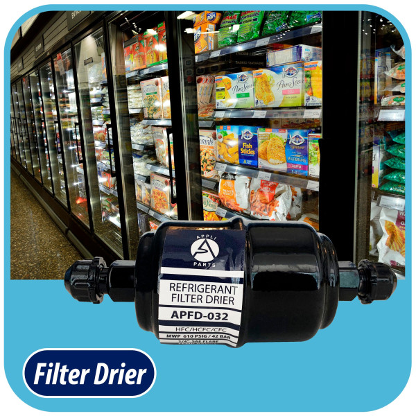 Appli Parts APFD-032 Liquid Line Filter Drier 1/4in SAE Flare Connection Universal Unidirectional HVAC Refrigeration Filter, 4.5in Long, 1.75in Wide Appli Parts APFD-032 Liquid Line Filter Drier 1/4in SAE Flare Connection Universal Unidirectional HVAC Refrigeration Filter, 4.5in Long, 1.75in Wide