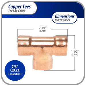 Appli Parts AP-T078 7/8 pulg Tee de Cobre Conexiones CxCxC soldadas para aplicaciones de refrigeracion, aire acondicionado y plomeria Tuberia de Cobre ACR y Tipo L