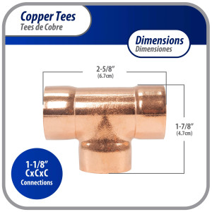 Appli Parts AP-T118 1-1/8 pulg Tee de Cobre Conexiones CxCxC soldadas para aplicaciones de refrigeracion, aire acondicionado y plomeria Tuberia de Cobre ACR y Tipo L