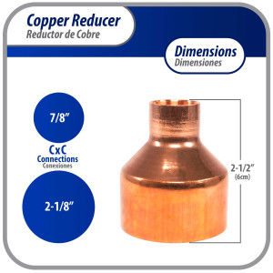 Appli Parts AP-R218078 Reductor de Cobre de 2-1/8x7/8 pulg Conexiones CxC soldadas para aplicaciones de refrigeracion, aire acondicionado y plomeria Tuberia de cobre ACR y Tipo L