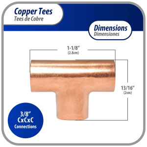Appli Parts AP-T038 3/8 pulg Tee de Cobre Conexiones CxCxC soldadas para aplicaciones de refrigeracion, aire acondicionado y plomeria Tuberia de Cobre ACR y Tipo L